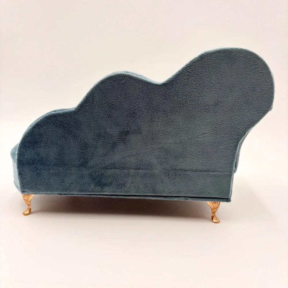 Blue Velvet Miniature Chaise Lounge Jewelry Box Mirror Ring Organizer Rose Gold